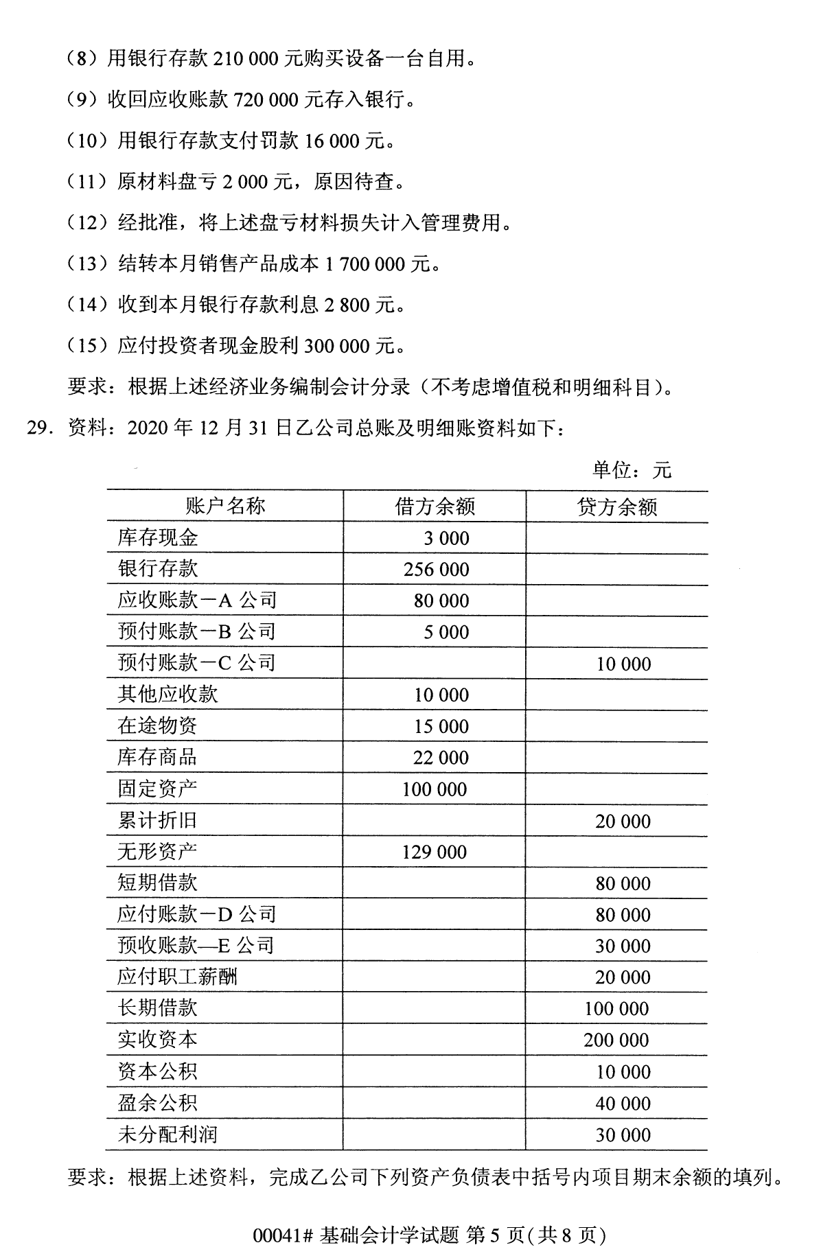 全国统考课程云南自考基础会计学试卷